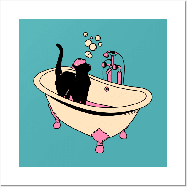 Spa Day Black Cat in blue Wall Art by The Charcoal Cat Co.